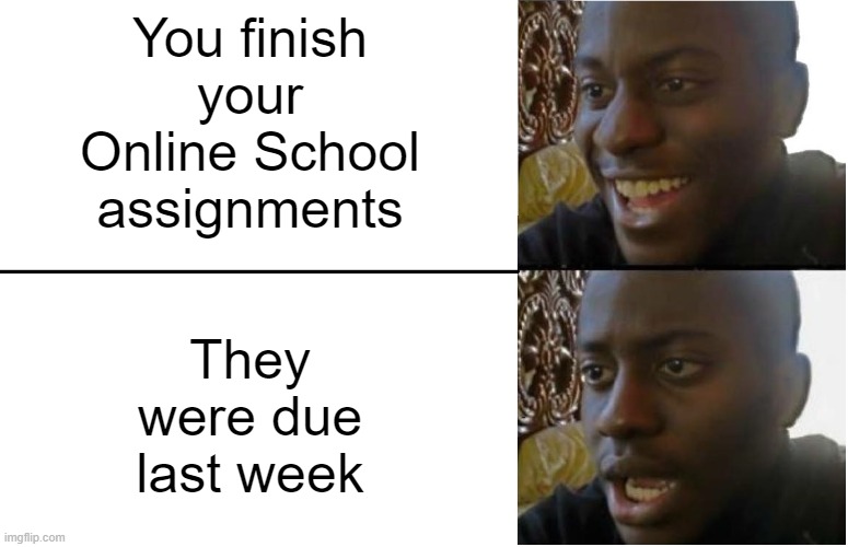 Disappointed Black Guy | You finish your Online School assignments; They were due last week | image tagged in disappointed black guy | made w/ Imgflip meme maker