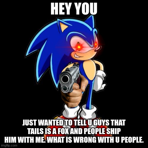 You're Too Slow Sonic | HEY YOU; JUST WANTED TO TELL U GUYS THAT TAILS IS A FOX AND PEOPLE SHIP HIM WITH ME. WHAT IS WRONG WITH U PEOPLE. | image tagged in memes,you're too slow sonic | made w/ Imgflip meme maker