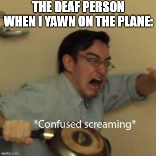 filthy frank confused scream | THE DEAF PERSON WHEN I YAWN ON THE PLANE: | image tagged in filthy frank confused scream | made w/ Imgflip meme maker