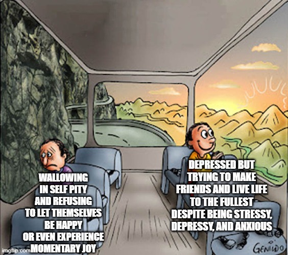 Depressed but trying my best | WALLOWING IN SELF PITY AND REFUSING TO LET THEMSELVES BE HAPPY OR EVEN EXPERIENCE MOMENTARY JOY; DEPRESSED BUT TRYING TO MAKE FRIENDS AND LIVE LIFE TO THE FULLEST DESPITE BEING STRESSY, DEPRESSY, AND ANXIOUS | image tagged in two guys on a bus,positivity,perspective,anxiety,depression | made w/ Imgflip meme maker