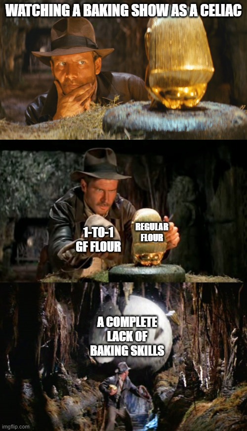 WATCHING A BAKING SHOW AS A CELIAC; REGULAR FLOUR; 1-TO-1 GF FLOUR; A COMPLETE LACK OF BAKING SKILLS | image tagged in indiana jones idol,indiana jones idol boulder,glutenfreememes | made w/ Imgflip meme maker