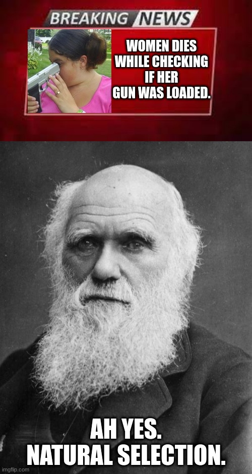 charles darwin approves | WOMEN DIES WHILE CHECKING IF HER GUN WAS LOADED. AH YES. NATURAL SELECTION. | image tagged in charles darwin,memes,guns | made w/ Imgflip meme maker