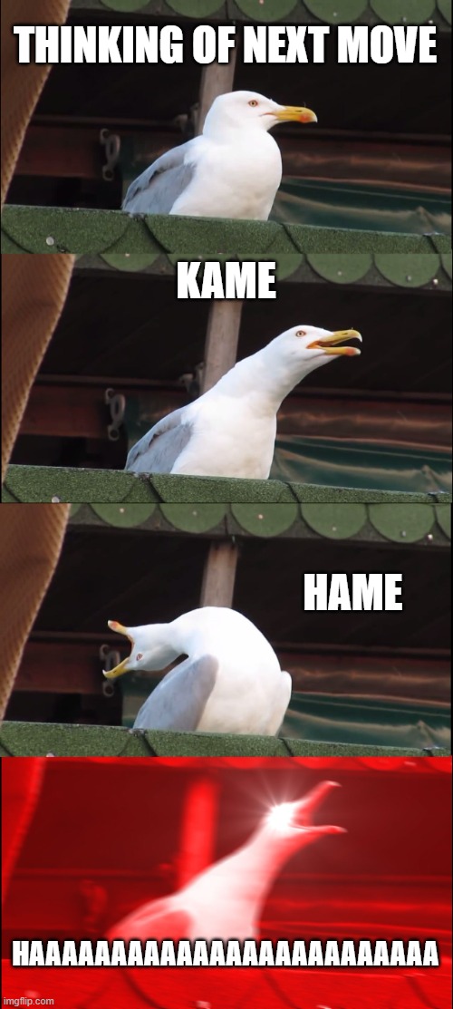 Inhaling Seagull | THINKING OF NEXT MOVE; KAME; HAME; HAAAAAAAAAAAAAAAAAAAAAAAAA | image tagged in memes,inhaling seagull | made w/ Imgflip meme maker