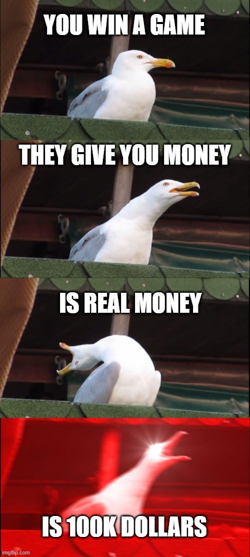When you win | YOU WIN A GAME; THEY GIVE YOU MONEY; IS REAL MONEY; IS 100K DOLLARS | image tagged in memes,inhaling seagull | made w/ Imgflip meme maker