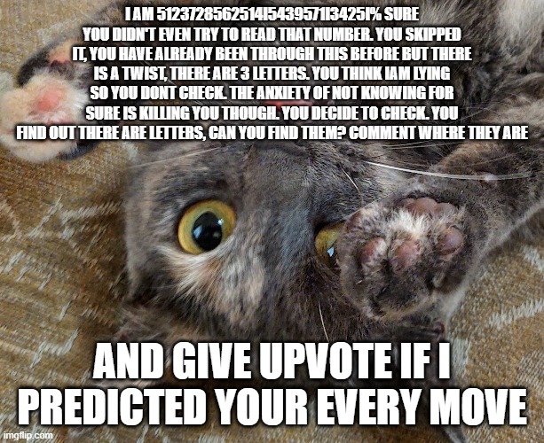 I AM 5123728562514I5439571I3425I% SURE YOU DIDN'T EVEN TRY TO READ THAT NUMBER. YOU SKIPPED IT, YOU HAVE ALREADY BEEN THROUGH THIS BEFORE BUT THERE IS A TWIST, THERE ARE 3 LETTERS. YOU THINK IAM LYING SO YOU DONT CHECK. THE ANXIETY OF NOT KNOWING FOR SURE IS KILLING YOU THOUGH. YOU DECIDE TO CHECK. YOU FIND OUT THERE ARE LETTERS, CAN YOU FIND THEM? COMMENT WHERE THEY ARE; AND GIVE UPVOTE IF I PREDICTED YOUR EVERY MOVE | image tagged in cats | made w/ Imgflip meme maker