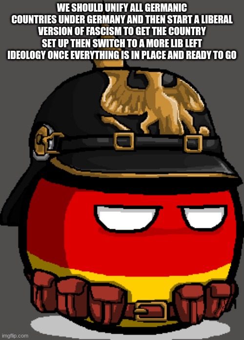 german empire part 2??? | WE SHOULD UNIFY ALL GERMANIC COUNTRIES UNDER GERMANY AND THEN START A LIBERAL VERSION OF FASCISM TO GET THE COUNTRY SET UP THEN SWITCH TO A MORE LIB LEFT IDEOLOGY ONCE EVERYTHING IS IN PLACE AND READY TO GO | made w/ Imgflip meme maker