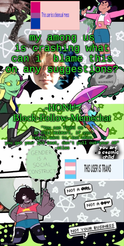 honu's agender temp | my among us is crashing what can i  blame this on any suggestions? | image tagged in honu's agender temp | made w/ Imgflip meme maker