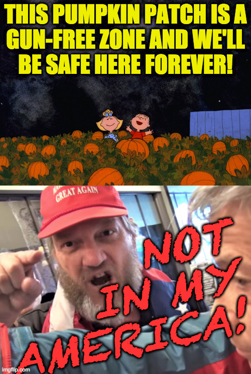 We can't let the kids win! | THIS PUMPKIN PATCH IS A
GUN-FREE ZONE AND WE'LL
BE SAFE HERE FOREVER! NOT
IN MY
AMERICA! | image tagged in angry trump supporter,linus and sally,memes,gun-free zone,not in my america,maga | made w/ Imgflip meme maker