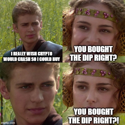 may the force be with you | I REALLY WISH CRYPTO WOULD CRASH SO I COULD BUY; YOU BOUGHT THE DIP RIGHT? YOU BOUGHT THE DIP RIGHT?! | image tagged in anakin padme 4 panel,cryptocurrency,bitcoin,crypto,memes | made w/ Imgflip meme maker