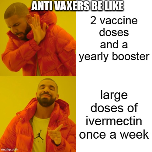 Drake Hotline Bling | ANTI VAXERS BE LIKE; 2 vaccine doses and a yearly booster; large doses of ivermectin once a week | image tagged in memes,drake hotline bling | made w/ Imgflip meme maker