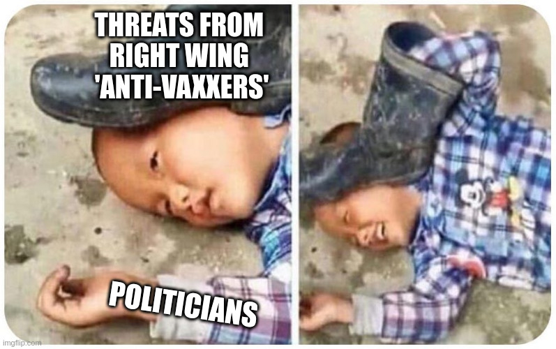 False Flag 'Anti-Vaxxers' | THREATS FROM 
RIGHT WING 
'ANTI-VAXXERS'; POLITICIANS | image tagged in false flag | made w/ Imgflip meme maker