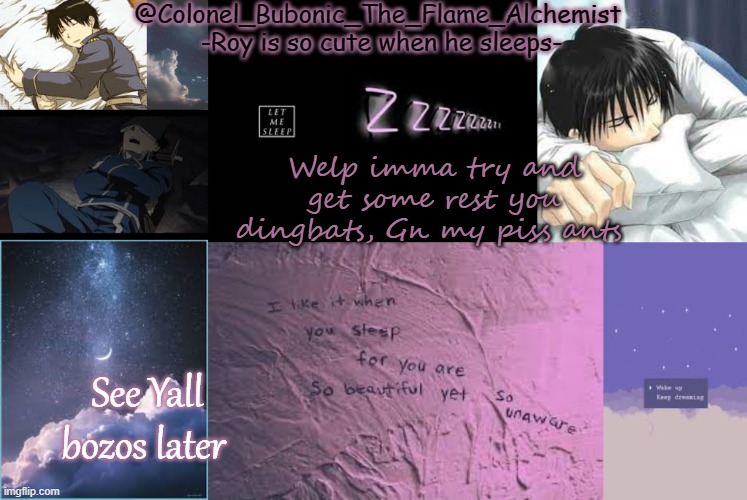 I'm slowly adding more insults lmao | Welp imma try and get some rest you dingbats, Gn my piss ants; See Yall bozos later | image tagged in sleepy roy tempo | made w/ Imgflip meme maker