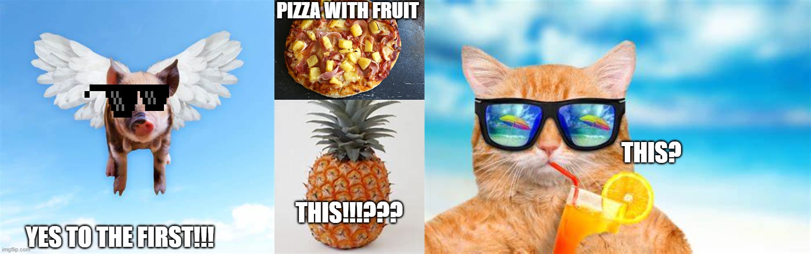 pineapple trouble | PIZZA WITH FRUIT; THIS!!!??? THIS? YES TO THE FIRST!!! | image tagged in pigs fly,pineapple pizza,pineapple,cat | made w/ Imgflip meme maker