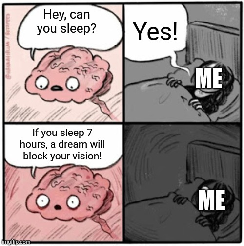 7 hours dreams blocks my vision |  Yes! Hey, can you sleep? ME; If you sleep 7 hours, a dream will block your vision! ME | image tagged in brain before sleep | made w/ Imgflip meme maker