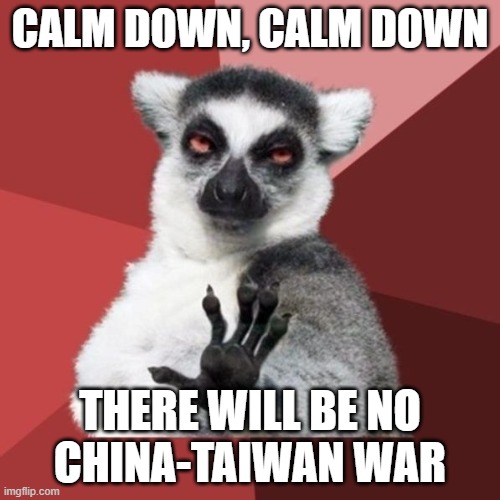 Chill Out Lemur Meme | CALM DOWN, CALM DOWN; THERE WILL BE NO
CHINA-TAIWAN WAR | image tagged in memes,chill out lemur,china,taiwan,war | made w/ Imgflip meme maker