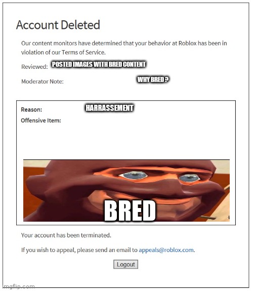 banned from ROBLOX |  POSTED IMAGES WITH BRED CONTENT; WHY BRED ? HARRASSEMENT; BRED | image tagged in banned from roblox,bred,ban,tf2 | made w/ Imgflip meme maker
