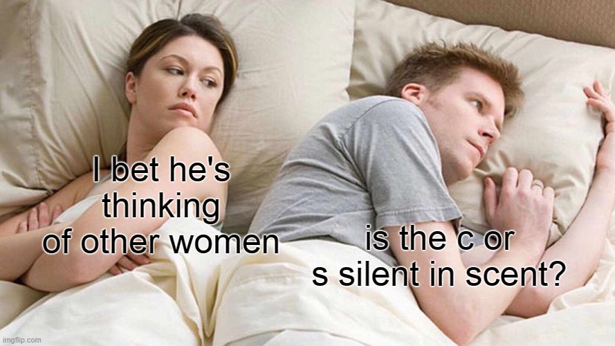 which letter is silent tho? | I bet he's thinking of other women; is the c or s silent in scent? | image tagged in memes,i bet he's thinking about other women,letters,words,oh wow are you actually reading these tags | made w/ Imgflip meme maker