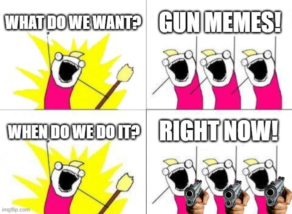Sorry if this is cringe or if this is a repost... I have no idea what to make | WHAT DO WE WANT? GUN MEMES! RIGHT NOW! WHEN DO WE DO IT? | image tagged in memes,what do we want | made w/ Imgflip meme maker