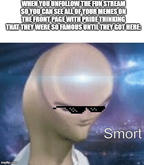 XD I really did it. I was so shocked when I saw my memes at the front page! | WHEN YOU UNFOLLOW THE FUN STREAM SO YOU CAN SEE ALL OF YOUR MEMES ON THE FRONT PAGE WITH PRIDE THINKING THAT THEY WERE SO FAMOUS UNTIL THEY GOT HERE:; Smort | image tagged in smort | made w/ Imgflip meme maker