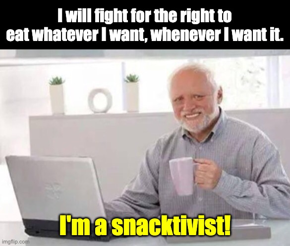 Snack | I will fight for the right to eat whatever I want, whenever I want it. I'm a snacktivist! | image tagged in harold | made w/ Imgflip meme maker