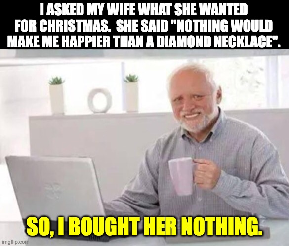 Nothing | I ASKED MY WIFE WHAT SHE WANTED FOR CHRISTMAS.  SHE SAID "NOTHING WOULD MAKE ME HAPPIER THAN A DIAMOND NECKLACE". SO, I BOUGHT HER NOTHING. | image tagged in harold | made w/ Imgflip meme maker