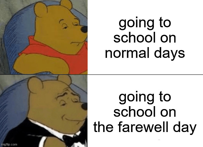 farewell day is emotional day | going to school on normal days; going to school on the farewell day | image tagged in memes,tuxedo winnie the pooh,farewell | made w/ Imgflip meme maker
