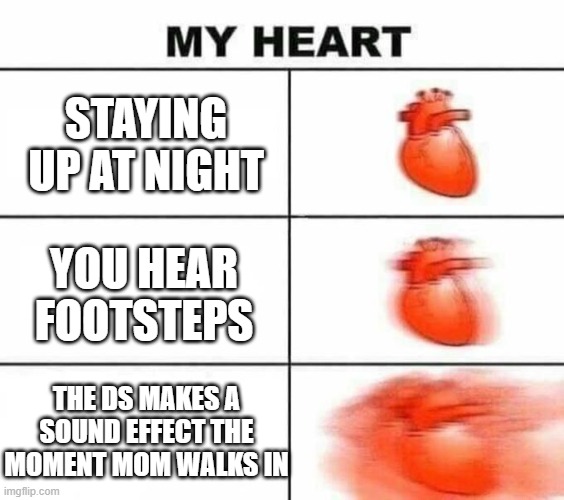 My heart blank | STAYING UP AT NIGHT; YOU HEAR FOOTSTEPS; THE DS MAKES A SOUND EFFECT THE MOMENT MOM WALKS IN | image tagged in my heart blank | made w/ Imgflip meme maker