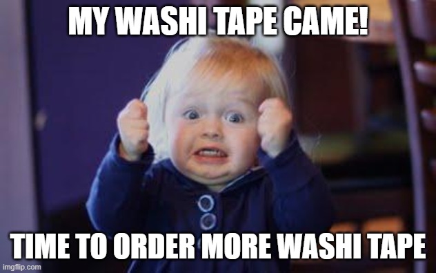 WashiTime | MY WASHI TAPE CAME! TIME TO ORDER MORE WASHI TAPE | image tagged in excited kid | made w/ Imgflip meme maker