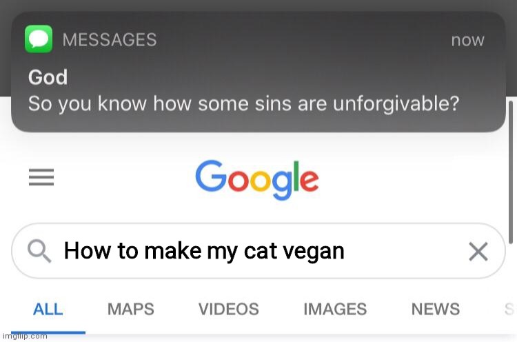 So you know how some sins are unforgivable? | How to make my cat vegan | image tagged in so you know how some sins are unforgivable | made w/ Imgflip meme maker