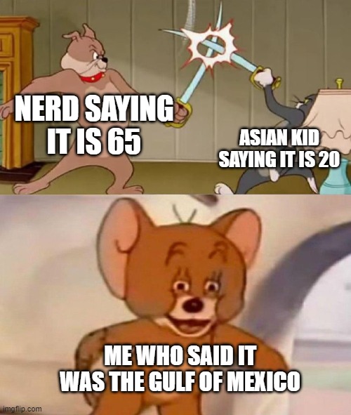 Tom and Jerry swordfight | NERD SAYING IT IS 65; ASIAN KID SAYING IT IS 20; ME WHO SAID IT WAS THE GULF OF MEXICO | image tagged in tom and jerry swordfight | made w/ Imgflip meme maker