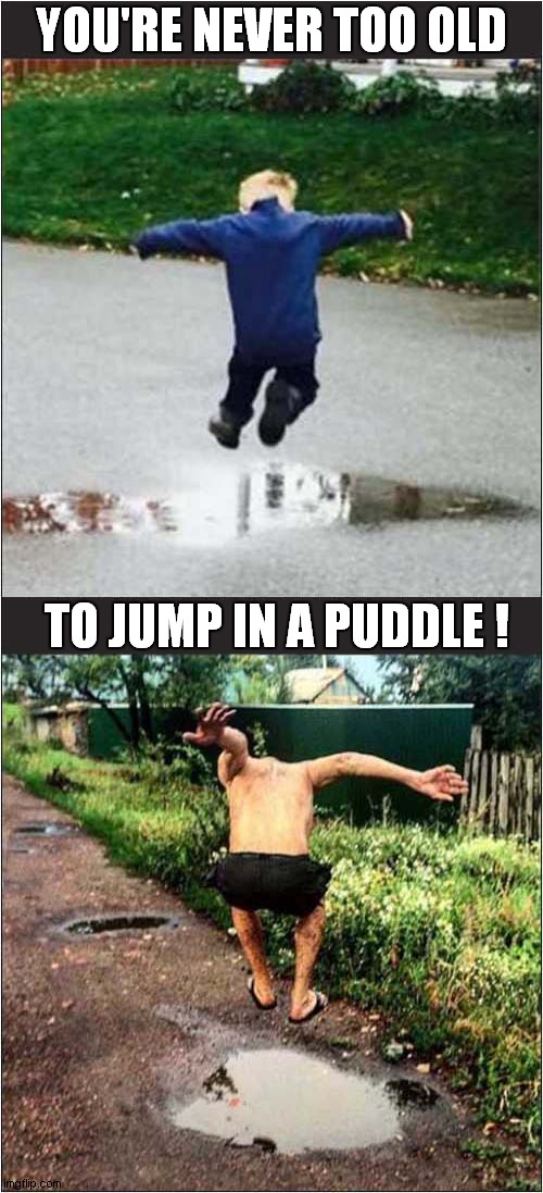 Young At Heart ? | YOU'RE NEVER TOO OLD; TO JUMP IN A PUDDLE ! | image tagged in age,puddles | made w/ Imgflip meme maker