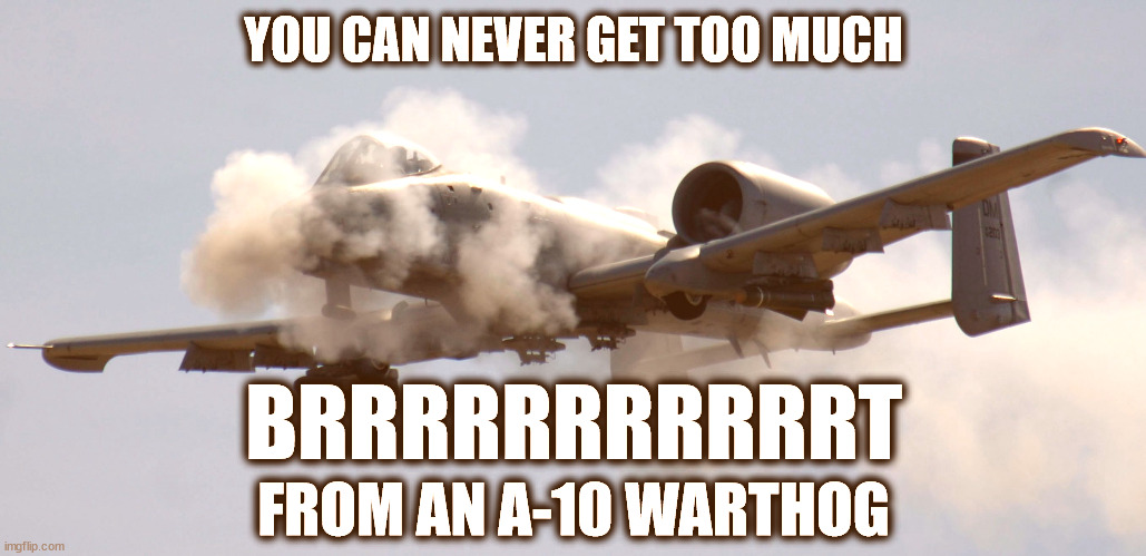 YOU CAN NEVER GET TOO MUCH BRRRRRRRRRRRT FROM AN A-10 WARTHOG | image tagged in a-10 warthog thunderbolt brrrt | made w/ Imgflip meme maker