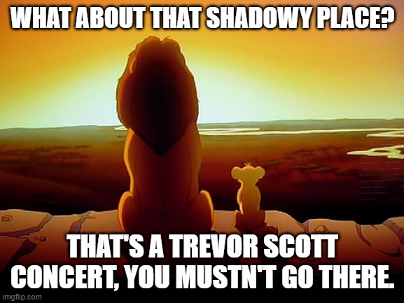 Mufasa tips |  WHAT ABOUT THAT SHADOWY PLACE? THAT'S A TREVOR SCOTT CONCERT, YOU MUSTN'T GO THERE. | image tagged in memes,lion king | made w/ Imgflip meme maker