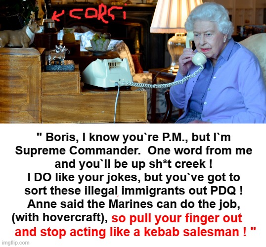 Is that Boris ? | " Boris, I know you`re P.M., but I`m
Supreme Commander.  One word from me
and you`ll be up sh*t creek !
I DO like your jokes, but you`ve got to
sort these illegal immigrants out PDQ !
Anne said the Marines can do the job,
 (with hovercraft), so pull your finger out
  and stop acting like a kebab salesman ! " | image tagged in queen of england | made w/ Imgflip meme maker