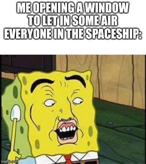 sponge bob bruh | ME OPENING A WINDOW TO LET IN SOME AIR
EVERYONE IN THE SPACESHIP: | image tagged in sponge bob bruh | made w/ Imgflip meme maker