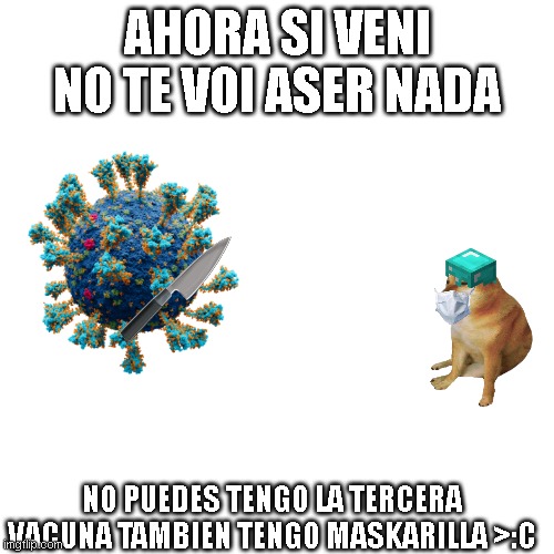 covid contra cheems | AHORA SI VENI NO TE VOI ASER NADA; NO PUEDES TENGO LA TERCERA VACUNA TAMBIEN TENGO MASKARILLA >:C | image tagged in memes,blank transparent square | made w/ Imgflip meme maker