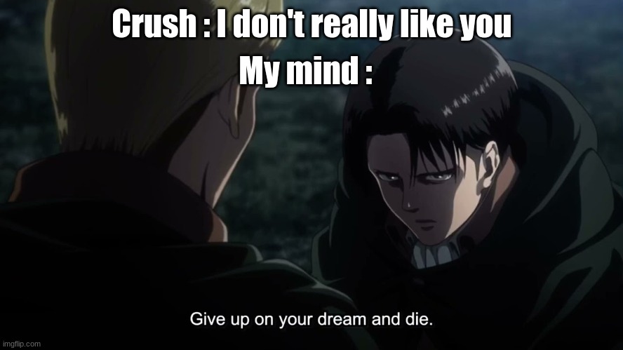 Give up on your dream and die | My mind :; Crush : I don't really like you | image tagged in give up on your dream and die | made w/ Imgflip meme maker