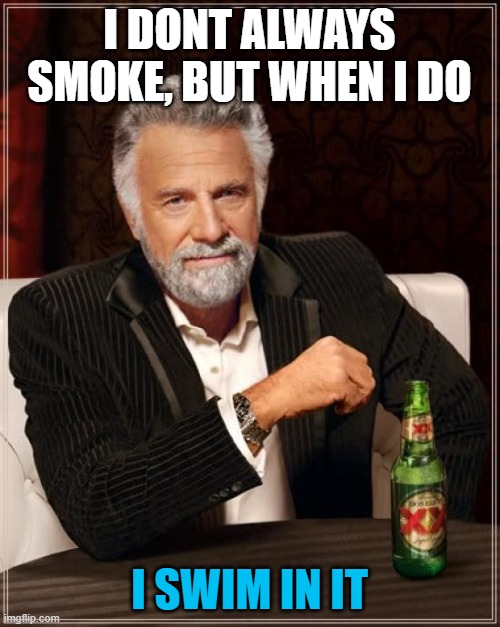 The Most Interesting Man In The World Meme | I DONT ALWAYS SMOKE, BUT WHEN I DO I SWIM IN IT | image tagged in memes,the most interesting man in the world | made w/ Imgflip meme maker