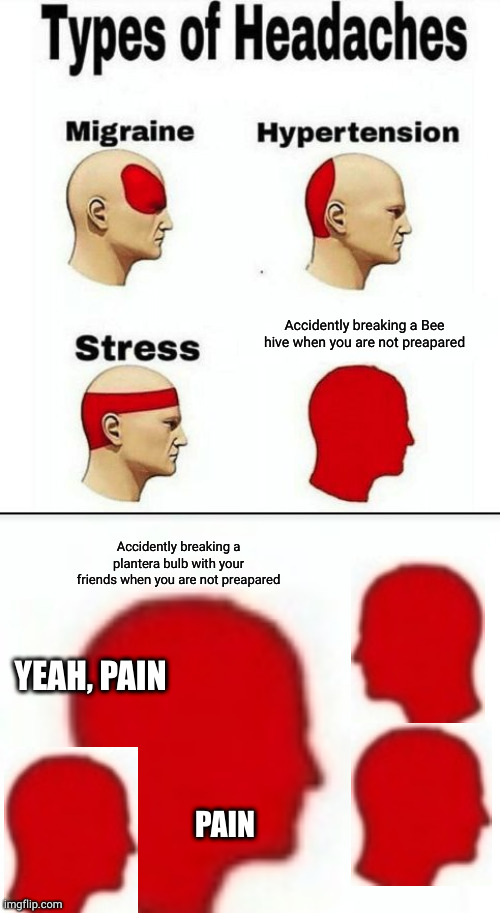 Types of terraria headaches | Accidently breaking a Bee hive when you are not preapared; Accidently breaking a plantera bulb with your friends when you are not preapared; YEAH, PAIN; PAIN | image tagged in types of headaches meme,terraria,gaming,video games,fun,memes | made w/ Imgflip meme maker