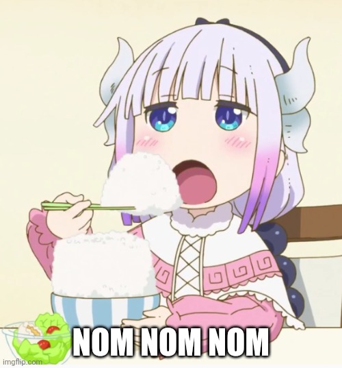 Kanna eating rice | NOM NOM NOM | image tagged in kanna eating rice | made w/ Imgflip meme maker