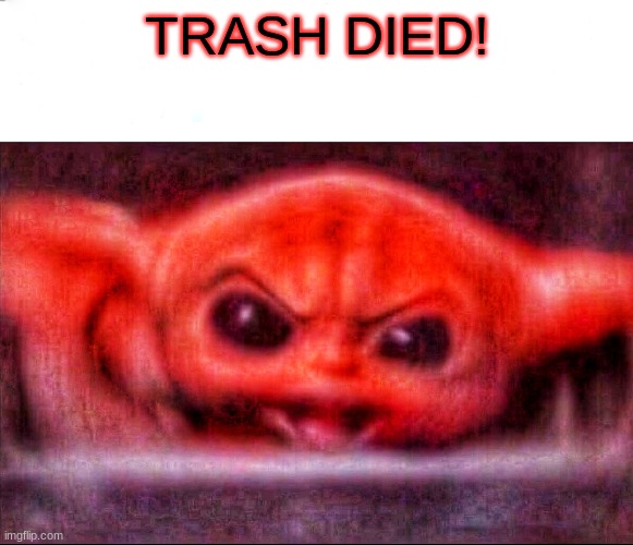 Angry baby yoda | TRASH DIED! | image tagged in angry baby yoda | made w/ Imgflip meme maker