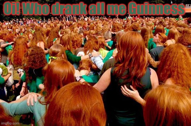 Irish problems | Oi! Who drank all me Guinness | image tagged in redheads,irish,girls,beer,political,satire | made w/ Imgflip meme maker