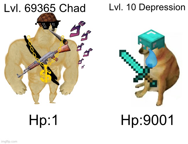 Buff Doge vs. Cheems | Lvl. 69365 Chad; Lvl. 10 Depression; Hp:1; Hp:9001 | image tagged in memes,buff doge vs cheems | made w/ Imgflip meme maker