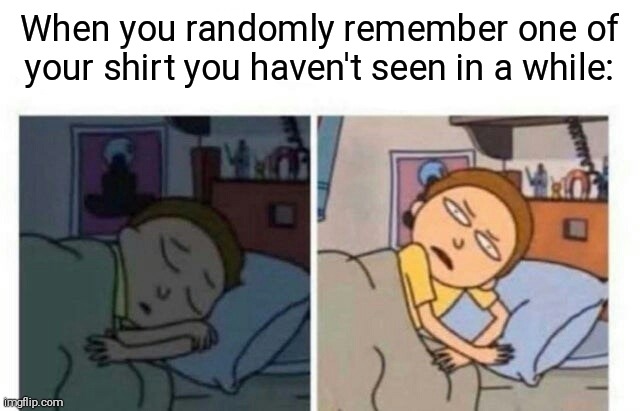 Shit, where tf is it?? |  When you randomly remember one of your shirt you haven't seen in a while: | image tagged in morty waking up,lost,rick morty | made w/ Imgflip meme maker