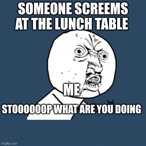 whyyyyyyyyyyy man whyyyyyyy | SOMEONE SCREEMS AT THE LUNCH TABLE; ME; STOOOOOOP WHAT ARE YOU DOING | image tagged in memes | made w/ Imgflip meme maker