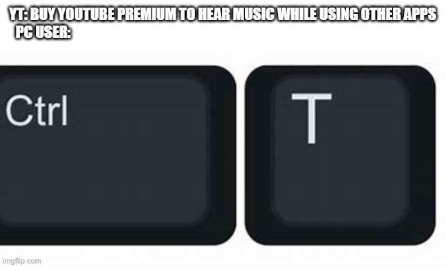the english version of the Meme I posted earlier | YT: BUY YOUTUBE PREMIUM TO HEAR MUSIC WHILE USING OTHER APPS
PC USER: | image tagged in pc | made w/ Imgflip meme maker
