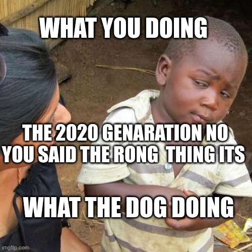 what the dog doing | WHAT YOU DOING; THE 2020 GENARATION NO YOU SAID THE RONG  THING ITS; WHAT THE DOG DOING | image tagged in memes,third world skeptical kid | made w/ Imgflip meme maker
