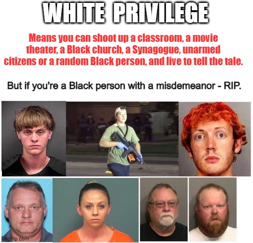 White privilege | WHITE  PRIVILEGE; Means you can shoot up a classroom, a movie theater, a Black church, a Synagogue, unarmed citizens or a random Black person, and live to tell the tale. But if you're a Black person with a misdemeanor - RIP. | image tagged in murder,shooter,white | made w/ Imgflip meme maker