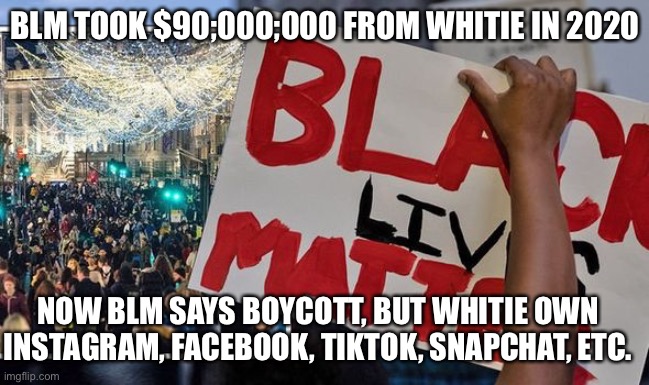 BLM Says Boycott White Owned Businesses, Isn’t That RACIST? | BLM TOOK $90;000;000 FROM WHITIE IN 2020; NOW BLM SAYS BOYCOTT, BUT WHITIE OWN INSTAGRAM, FACEBOOK, TIKTOK, SNAPCHAT, ETC. | image tagged in political meme,blm boycott white businesses,blm racist,blm takes millions from white | made w/ Imgflip meme maker