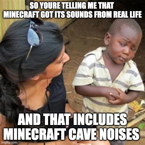 ?oh my lord | SO YOURE TELLING ME THAT 
MINECRAFT GOT ITS SOUNDS FROM REAL LIFE; AND THAT INCLUDES MINECRAFT CAVE NOISES | image tagged in so youre telling me,third world skeptical kid,minecraft,noise,funny | made w/ Imgflip meme maker